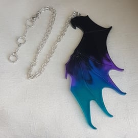 Large Bat Wing Necklace - Silver Tone Chain.