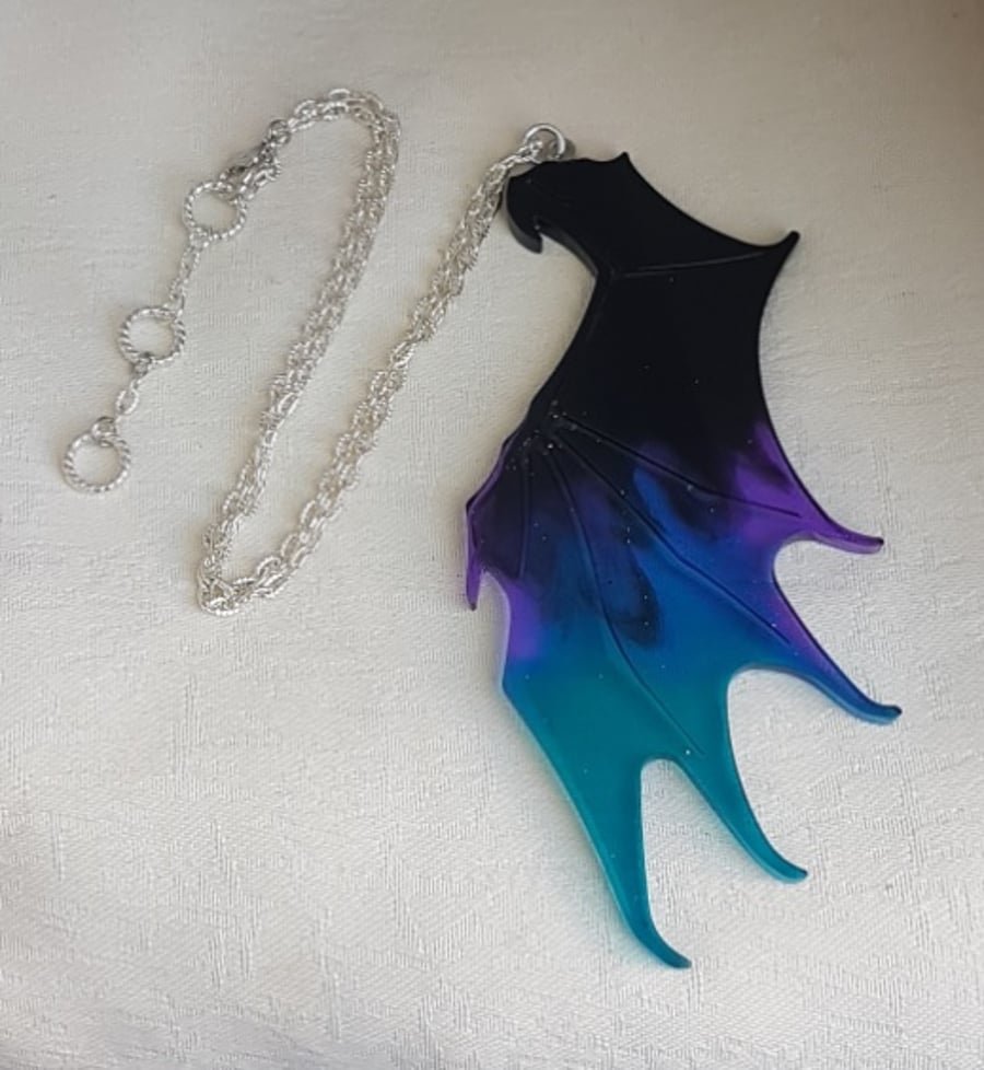 Large Bat Wing Necklace - Silver Tone Chain.