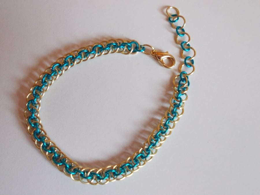 Golden and blue chainmaille bracelet