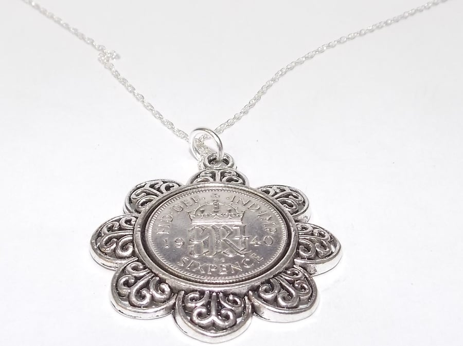 Floral Pendant 1940 Lucky sixpence 81st Birthday plus a Sterling Silver 18in Cha