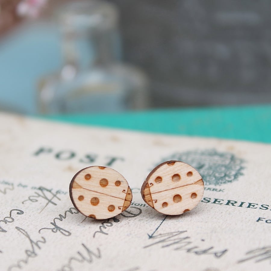 Wooden Ladybird Stud Earrings