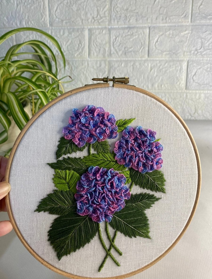 Blooming Hydrangea Hand-Embroidered Brooch Pin Blooming Hydrangea Hand-Embroidered Brooch Pin