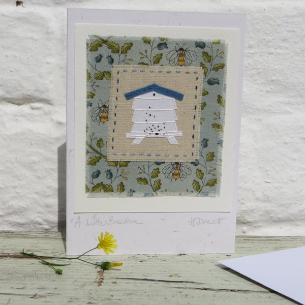 Little Beehive hand-stitched card with finely worked details pretty bee fabric