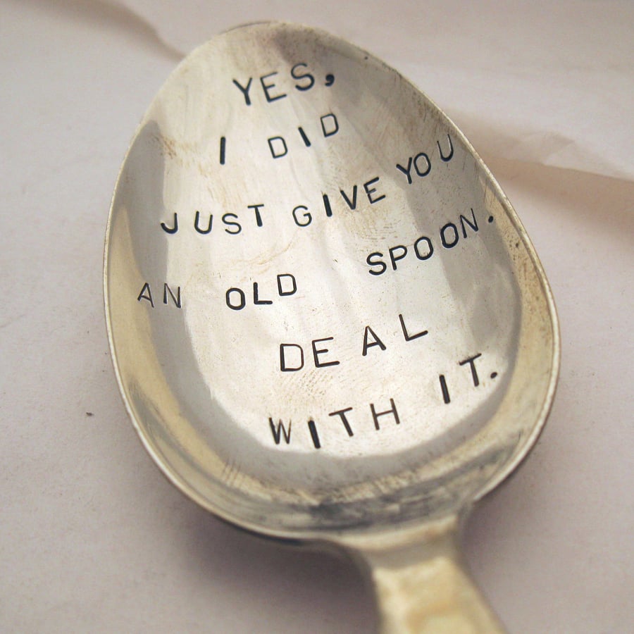 Deal With It, Joke Xmas Gift, Old Spoon, Hand Stamped