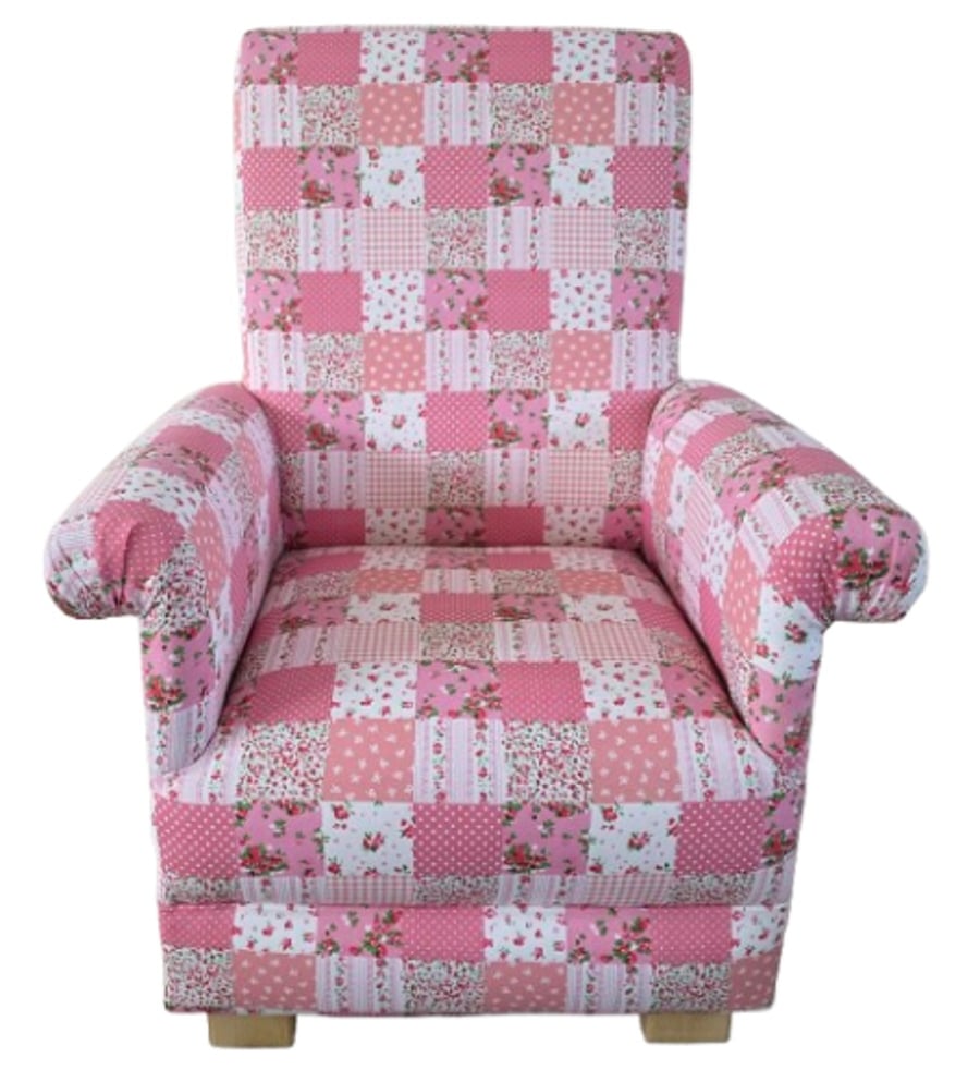 Children's Pink Patchwork Fabric Armchair Chair Girls Kids Nursery Bedroom Roses