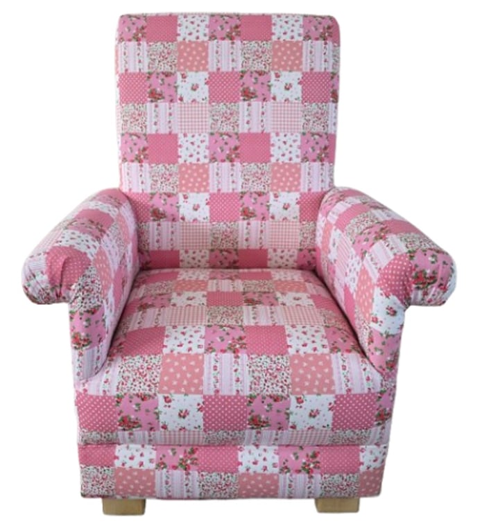 Children's Pink Patchwork Fabric Armchair Chair Girls Kids Nursery Bedroom Roses