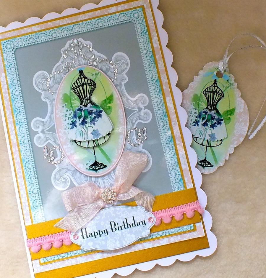Luxury Handmade Bejewelled Fashion Birthday Card with free Gift Tag