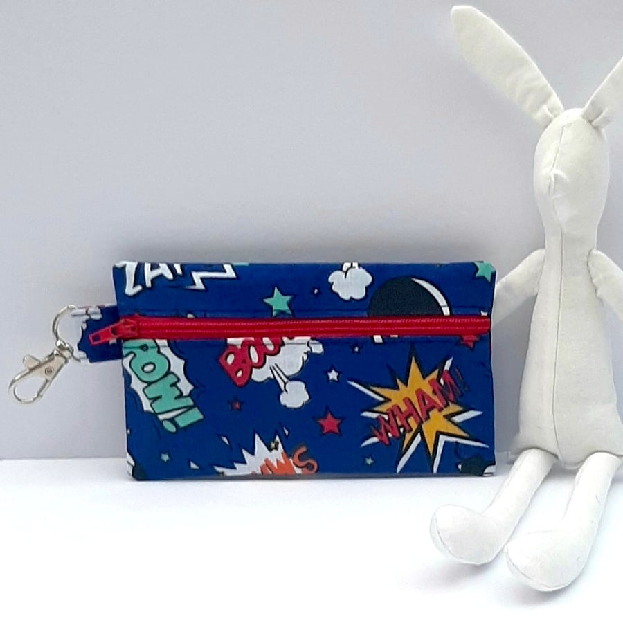 Coin pouch with zip fastening and lobster clasp - comic book fabric