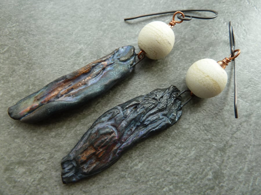 copper, lampwork and ceramic driftwood earrings