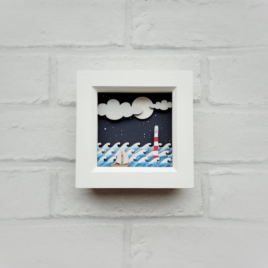 Lighthouse Picture, Ocean Shadow Box, Miniature Seascape Diorama, Sailing Boat