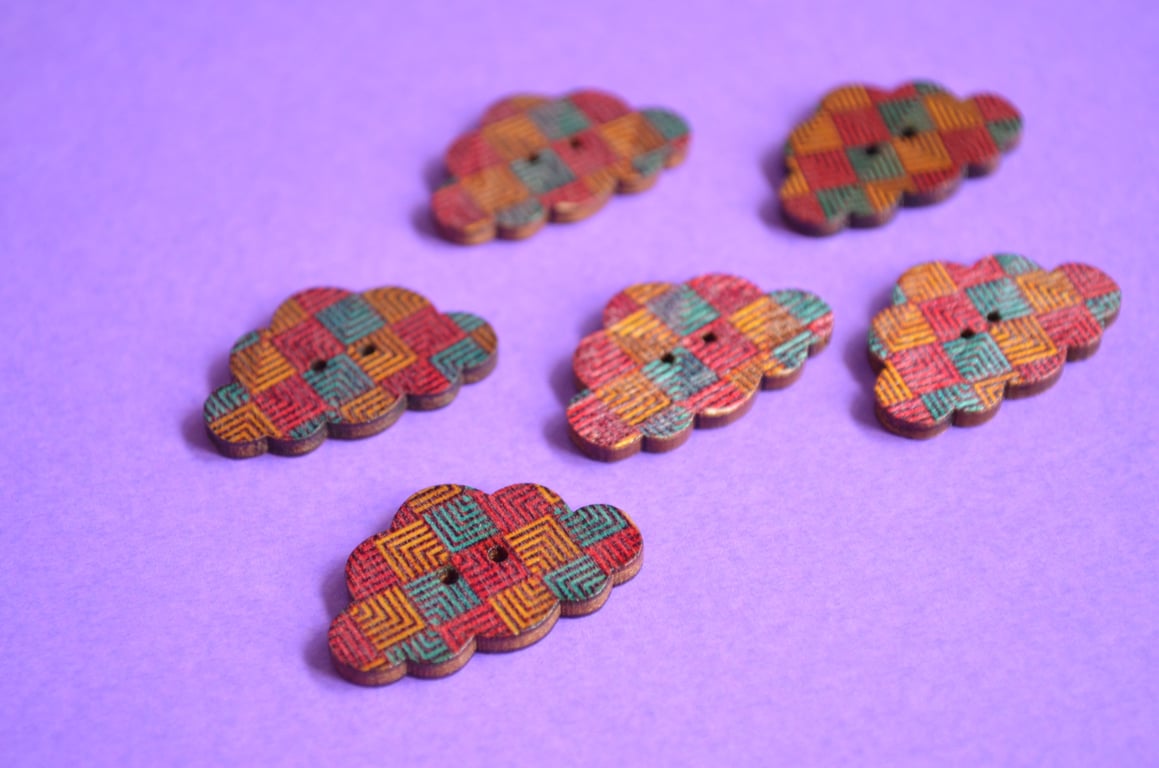 Wooden Cloud Buttons Red Blue Orange 6pk 30x20mm (CD3)
