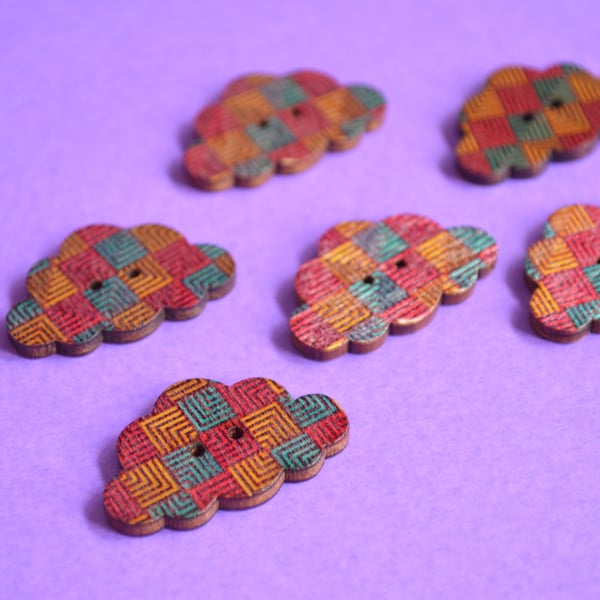 Wooden Cloud Buttons Red Blue Orange 6pk 30x20mm (CD3)