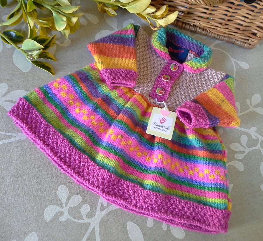 Baby Girl's Hand Knitted Designer Dress with Marino Wool   3-9 months size