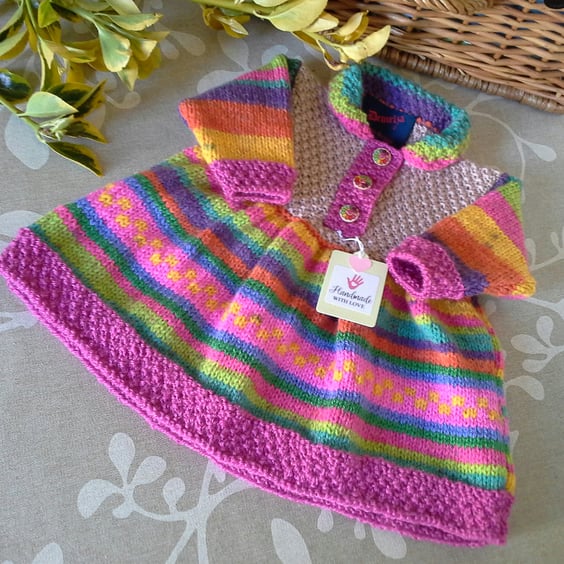 Designer Baby Girl's Hand Knitted Dress with Marino Wool   3-9 months size