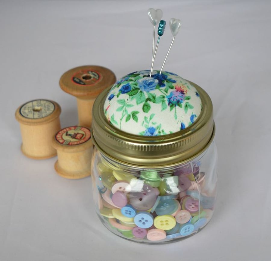 Pin cushion jar with screw lid for pins and needles  storage jar pin cushion