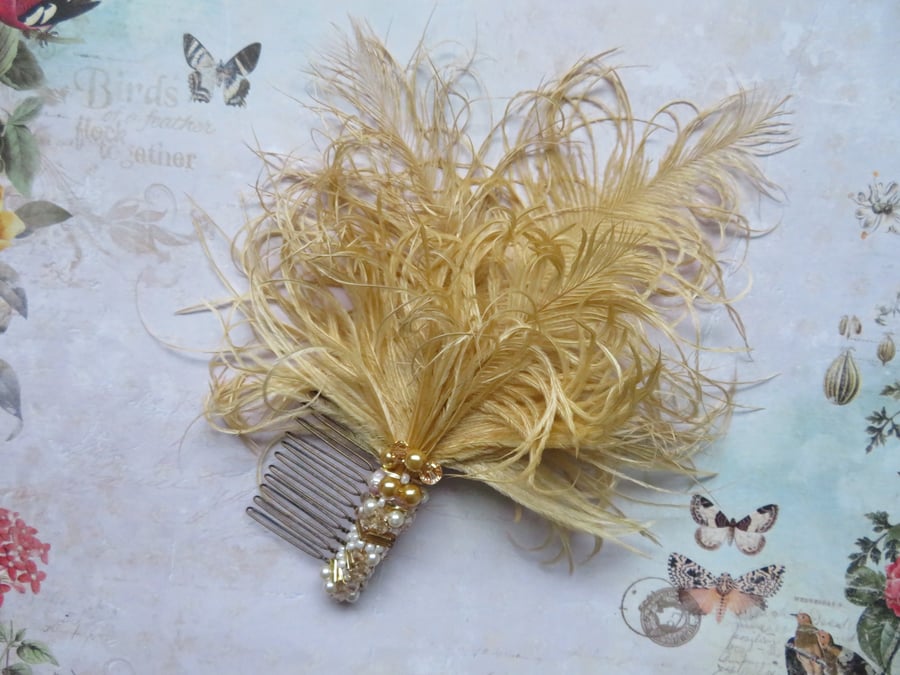 Gold & Ivory Ostrich Feather & Crystal Beaded Regency Vintage Style Hair Comb 