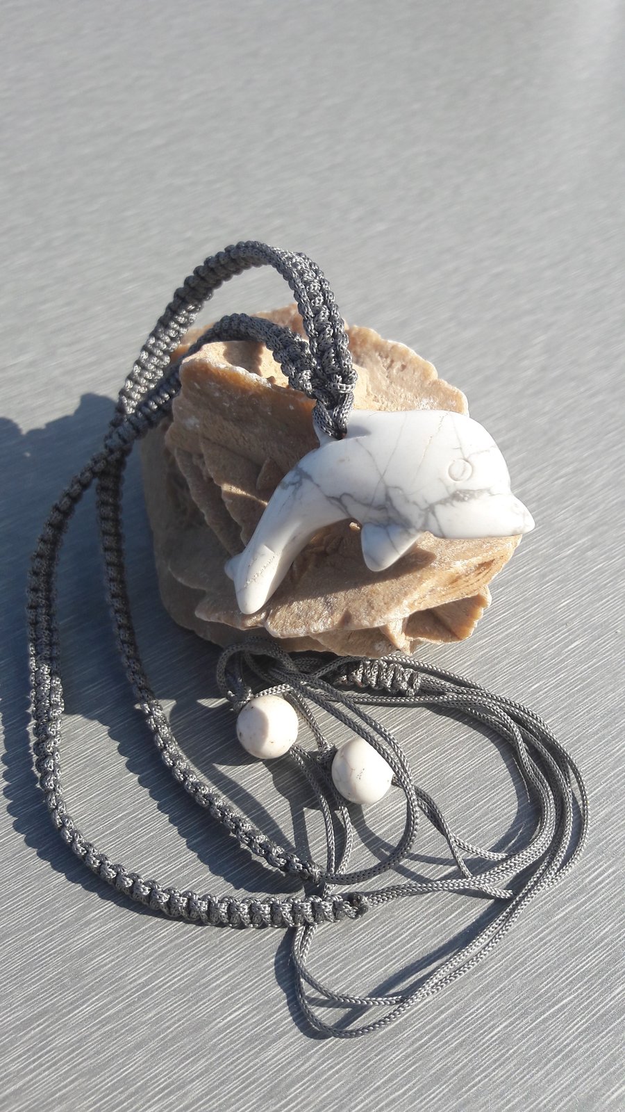 Unisex Howlite Dolphin on Macrame Adjustable Necklace