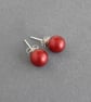 8mm Bright Red Round Pearl Studs - Everyday Christmas Red Stud Earrings - Gifts - Image 4