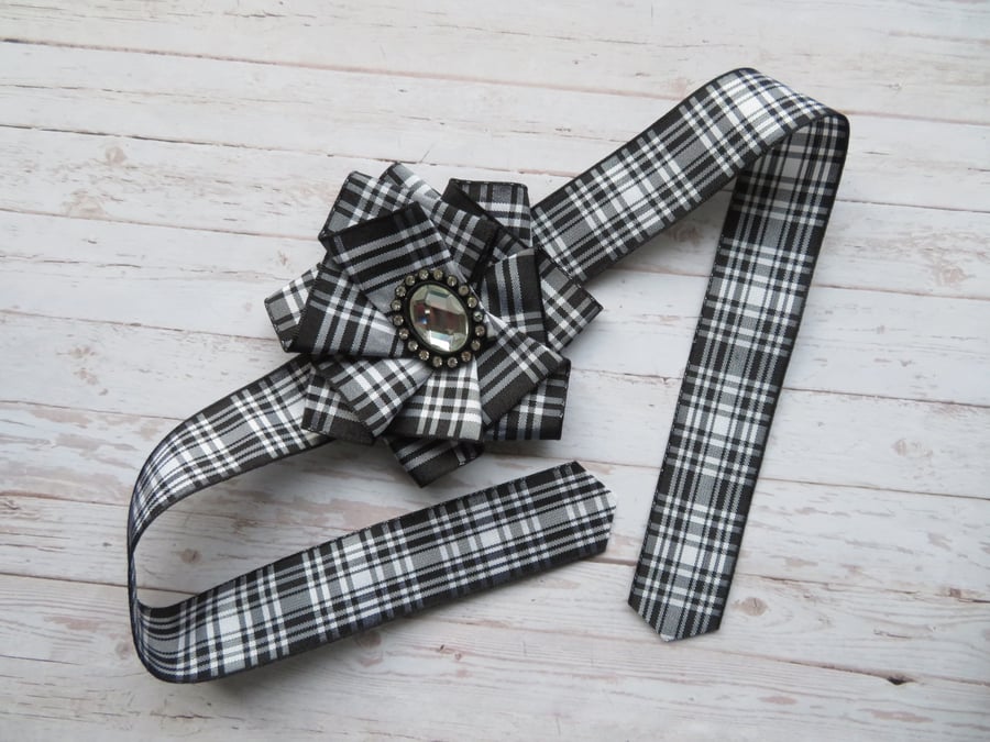 Menzies Black & White Tartan Ruffle Rosette Celtic Wrist Corsage Prom Ceilidh