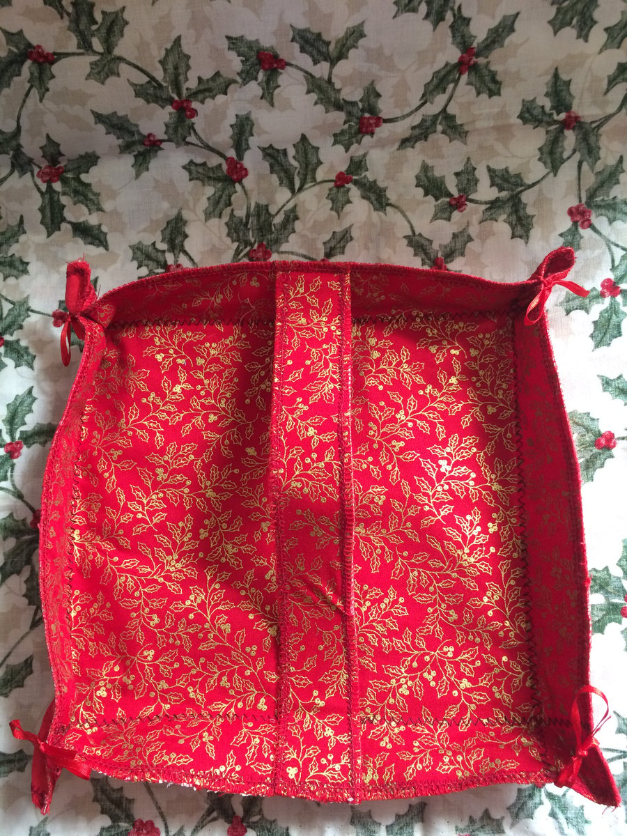 Decorative red and gold holly fabric square basket
