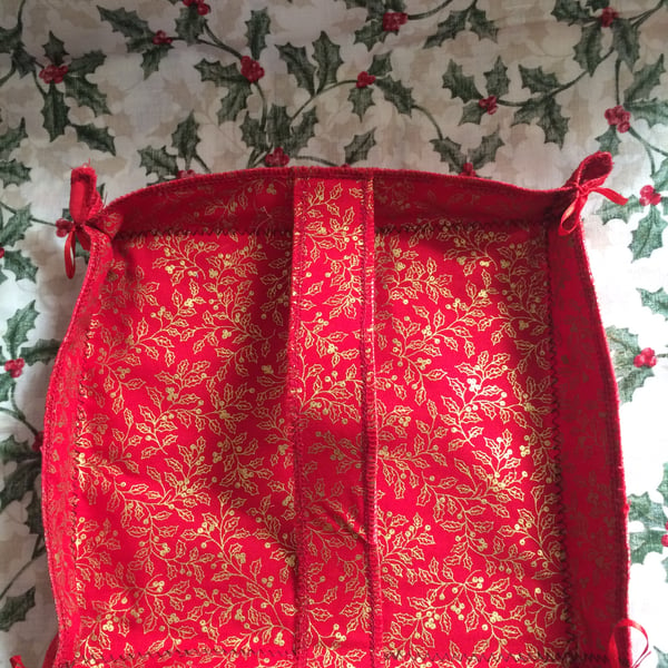 Decorative red and gold holly fabric square basket