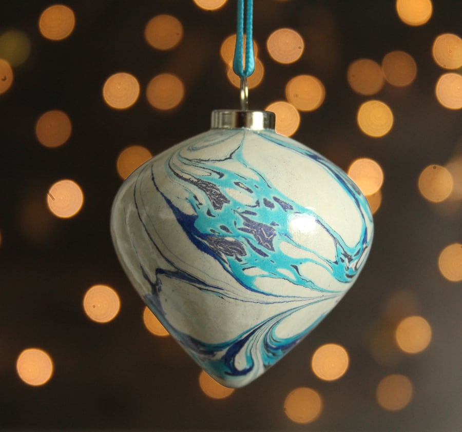 Cool blues Marbled Christmas ceramic decoration bauble 