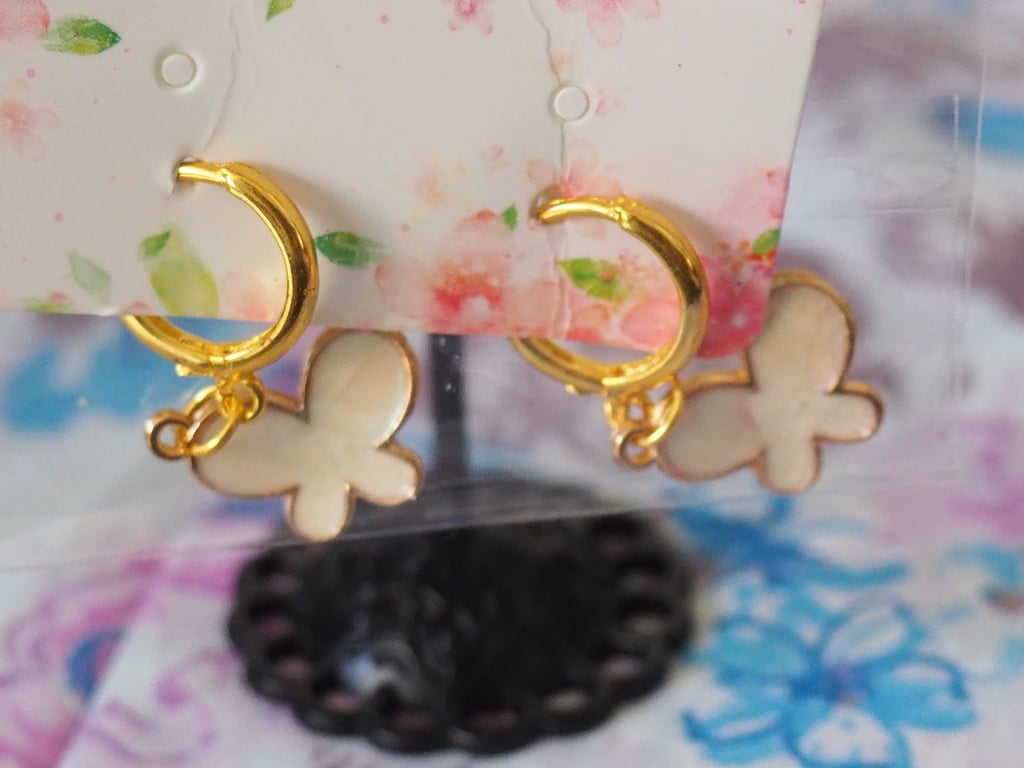 Small Gold Hoop Earrings with Sparkly White Butterfly Charms