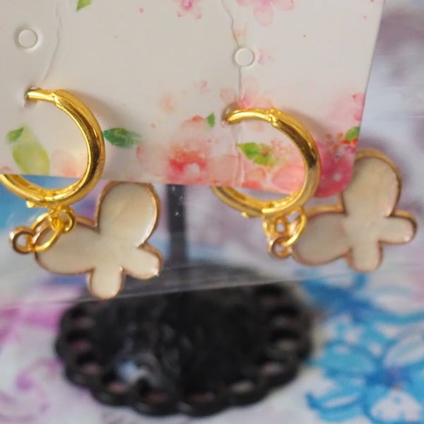 Small Gold Hoop Earrings with Sparkly White Butterfly Charms