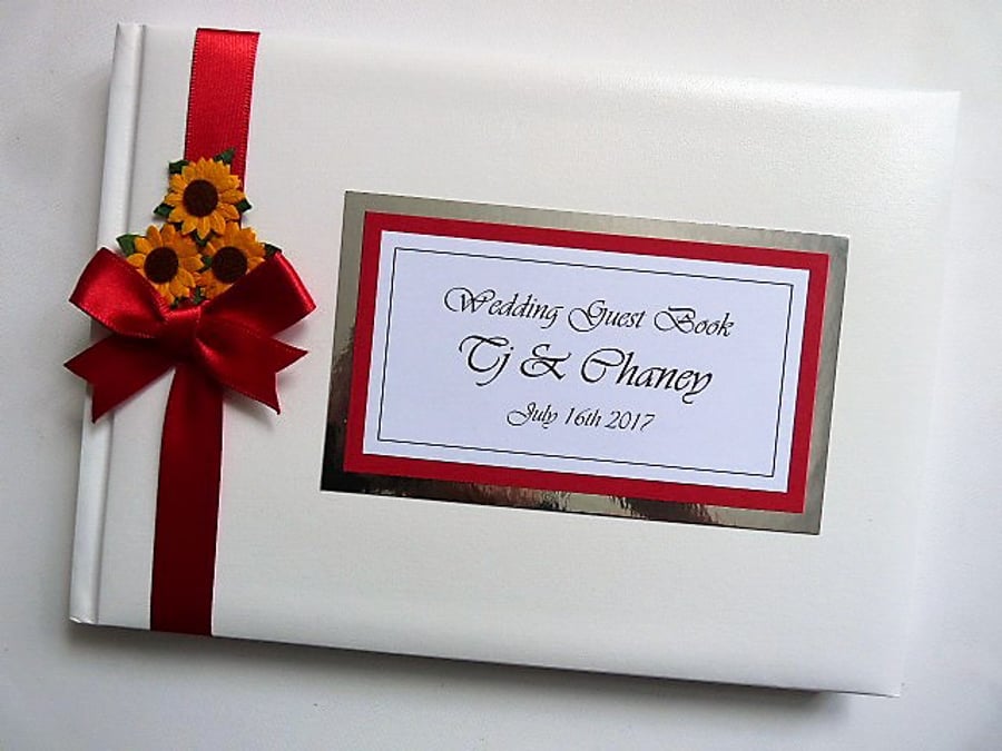 Wedding guest book with sunflowers, red and white wedding guest book, gift