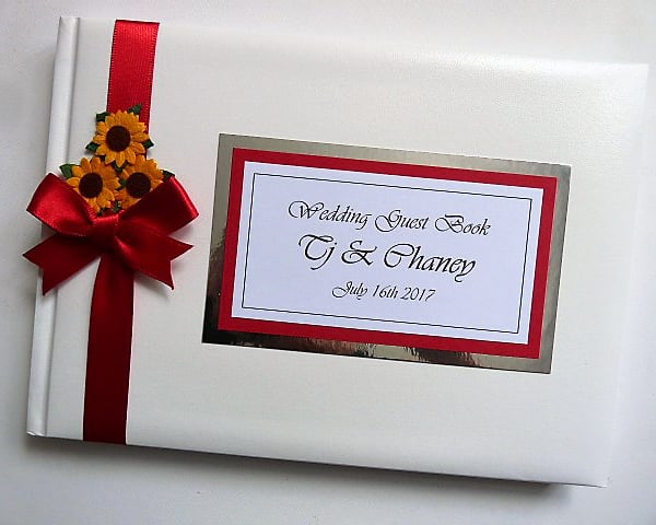 Wedding guest book with sunflowers, red and white wedding guest book, gift