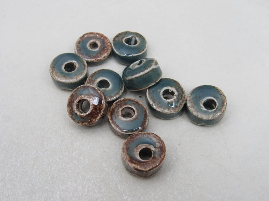 10 Small Sedge Green Glazed Ceramic Washer Beads