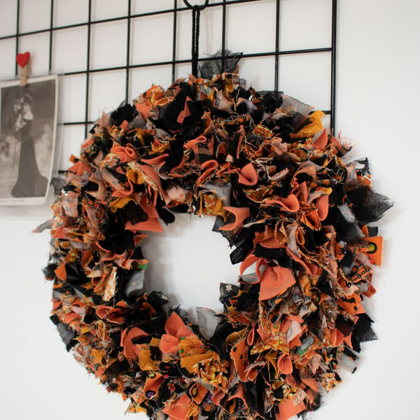 Halloween Rag Rug Fabric Wreath, handmade