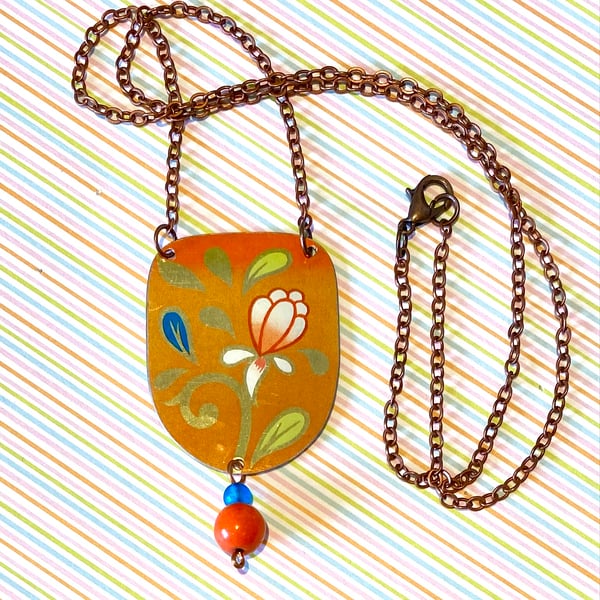 Recycled vintage tin U shaped orange floral beaded pendant necklace
