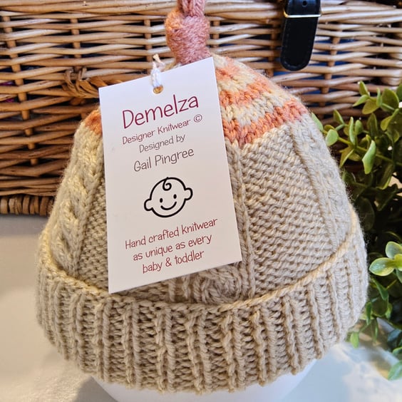 Designer Hand Knitted Cable Knottet Beanie Hat  0 - 3 months size