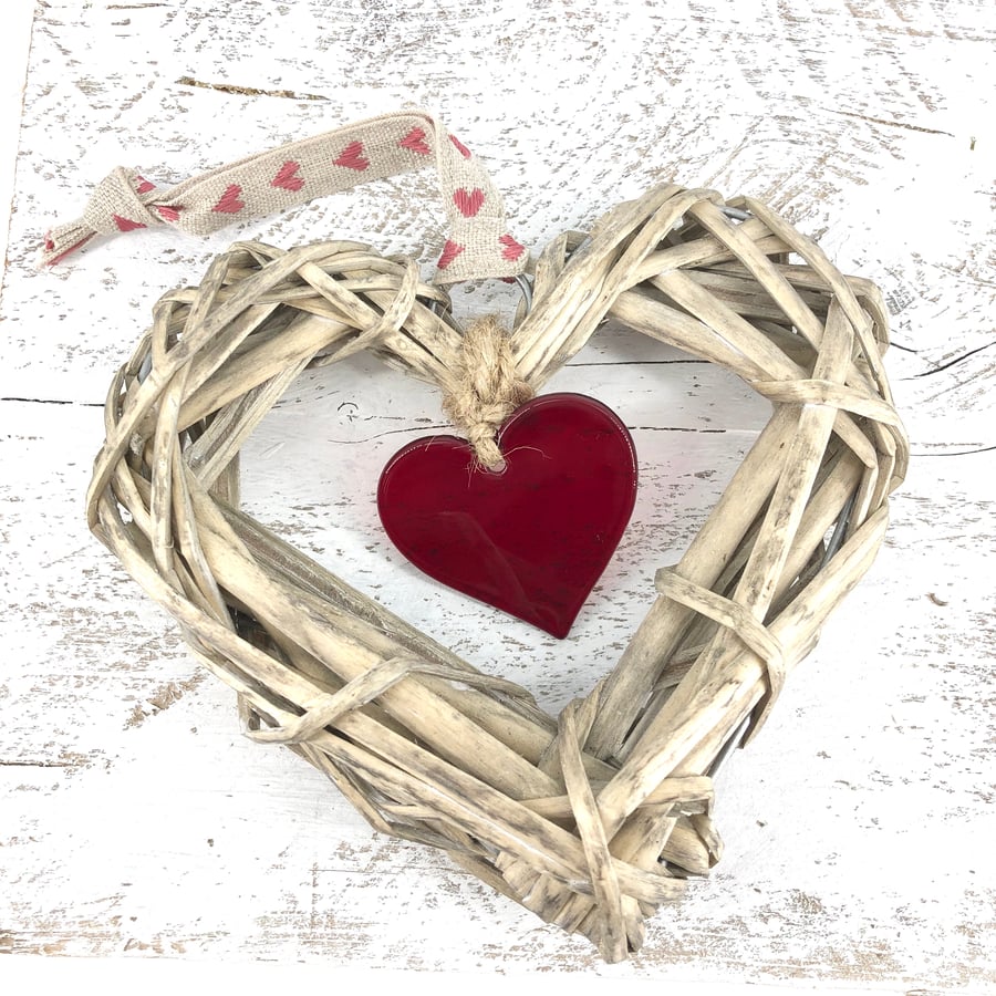 Wicker & Glass Hanging Heart - Red with co-ordinating Ribbon