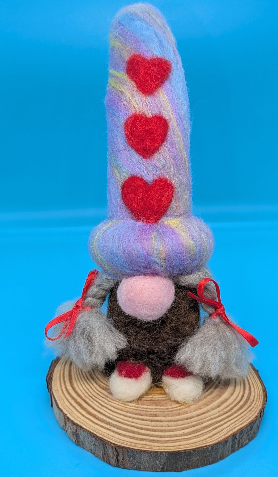 Needle felted Triple Heart Gnome with braids