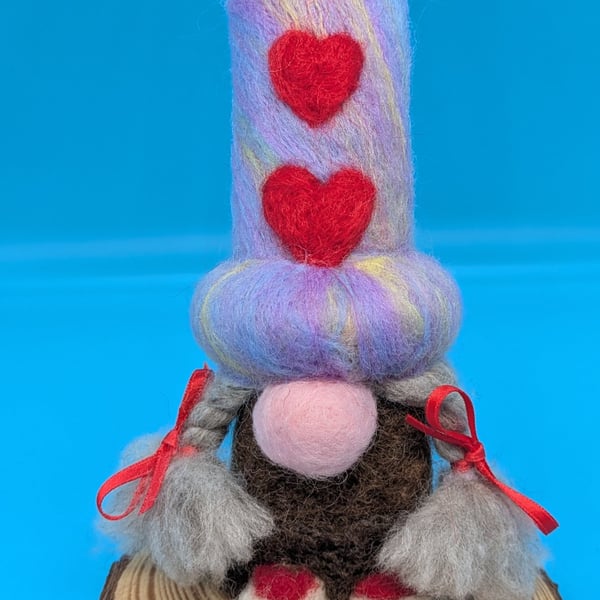 Needle felted Triple Heart Gnome with braids