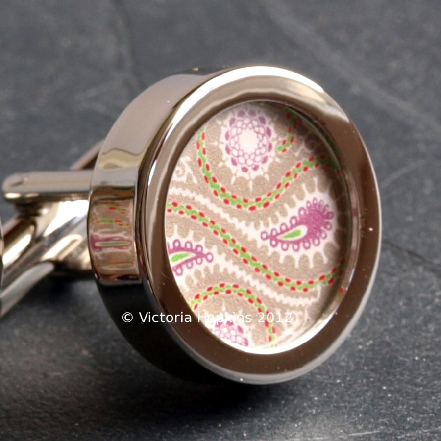 Paisley Cufflinks in Green, Purple and Beige Original Art Nouveau Design