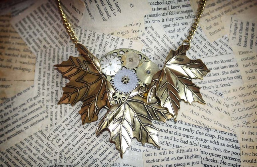 Antique Gold Autumn Leaves Steampunk Inspired Statement Necklace