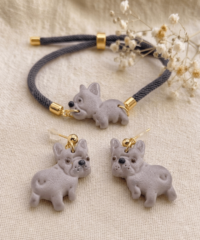 French Bulldog Jewellery Set - Cute Dog Earrings & Bracelet - Gift for Dog Lover