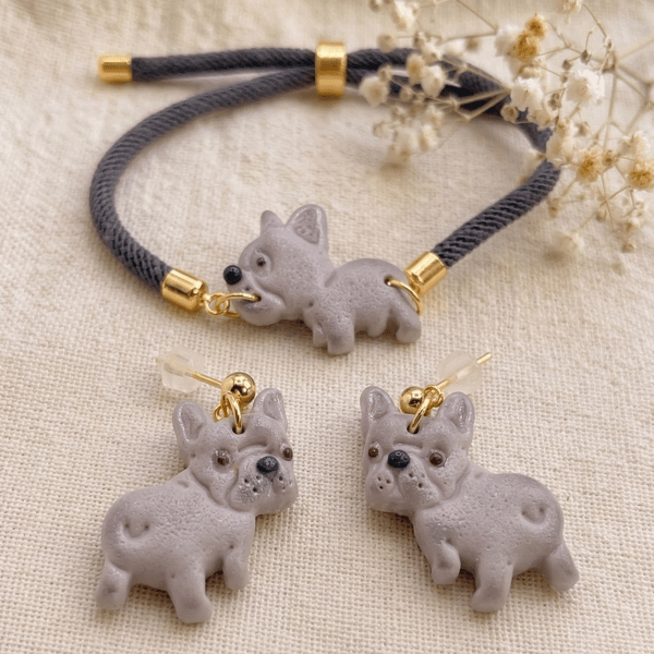 French Bulldog Jewellery Set - Cute Dog Earrings & Bracelet - Gift for Dog Lover
