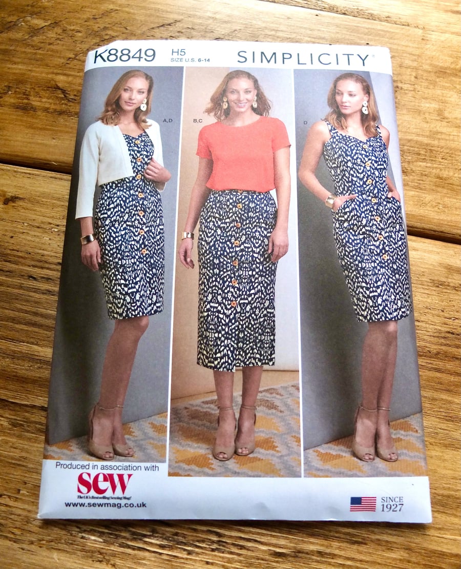 Brand New Simplicity Paper Pattern K8849 H5, Dress, Skirt, Top and Jacket 6 -14