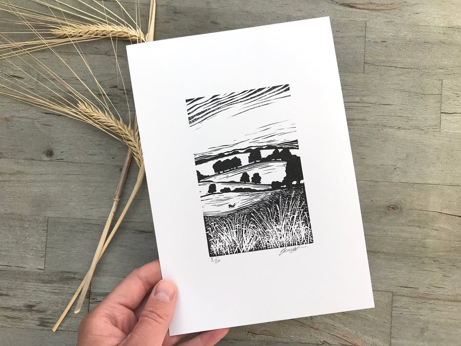 Harvest Hare: Original, hand printed lino cut by Suffolk printmaker Beth Knight