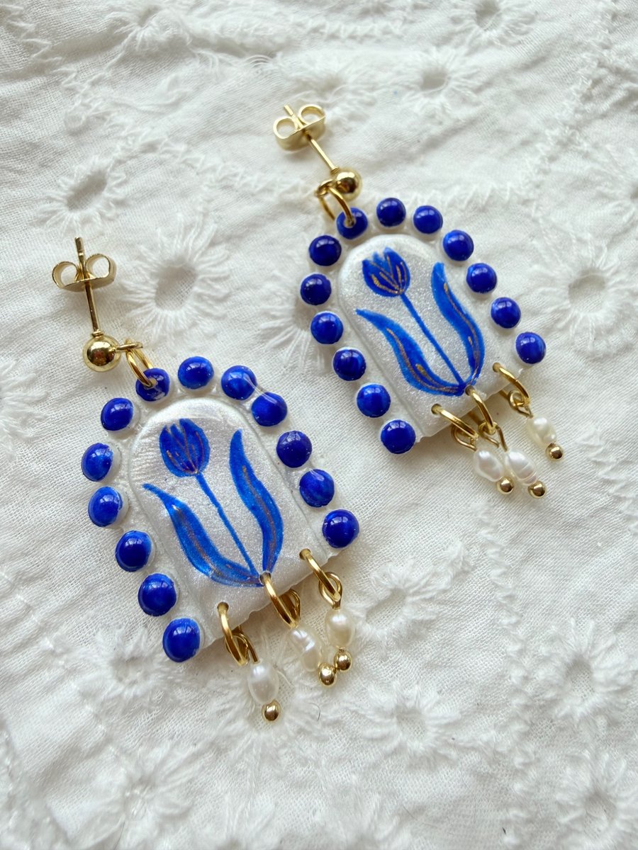 Delft Blue Tulip Rice Pearl Dangle Earrings
