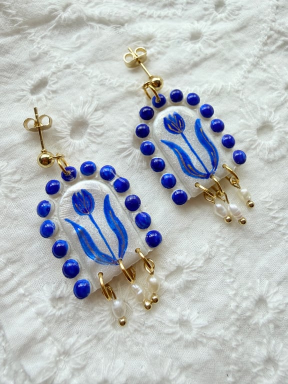 Delft Blue Tulip Rice Pearl Dangle Earrings