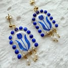 Delft Blue Tulip Rice Pearl Dangle Earrings