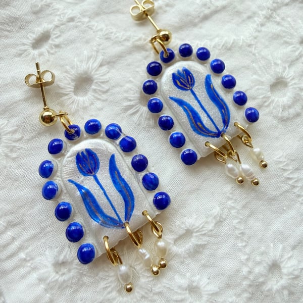 Delft Blue Tulip Rice Pearl Dangle Earrings