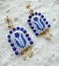 Delft Blue Tulip Rice Pearl Dangle Earrings
