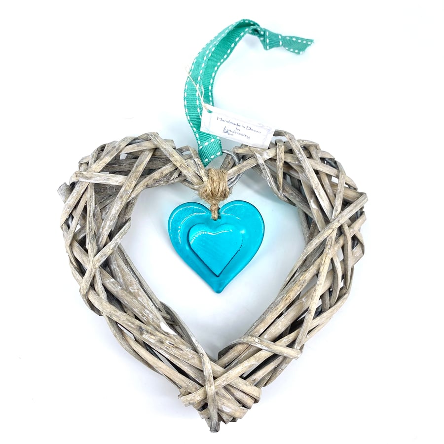 Fused Glass & Wicker Hanging Heart -  Turquoise Embossed 