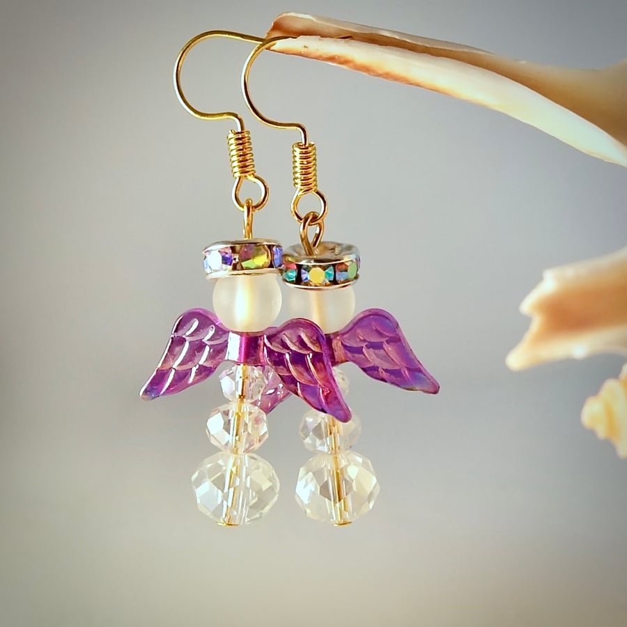 Angel Christmas Earrings - White And Purple - Handmade In Devon - Free UK P&P